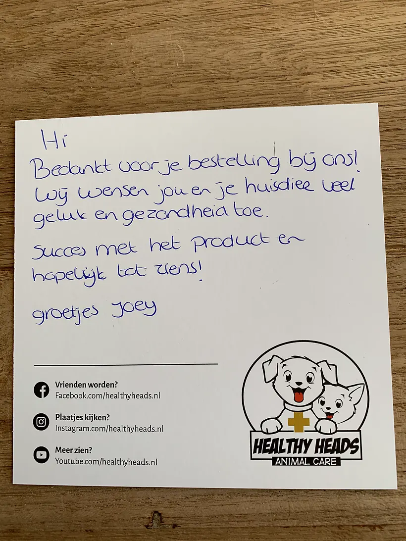 Handgeschreven bedankkaartje voor een klant, ondertekend met groetjes Joey